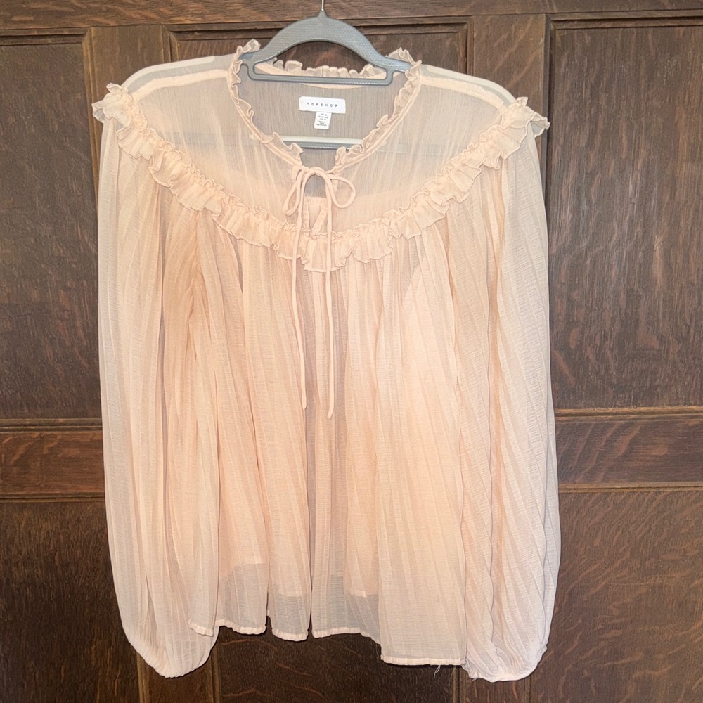 Topshop Pale Pink Ruffled Tie-Neck Sheer Swing Blouse